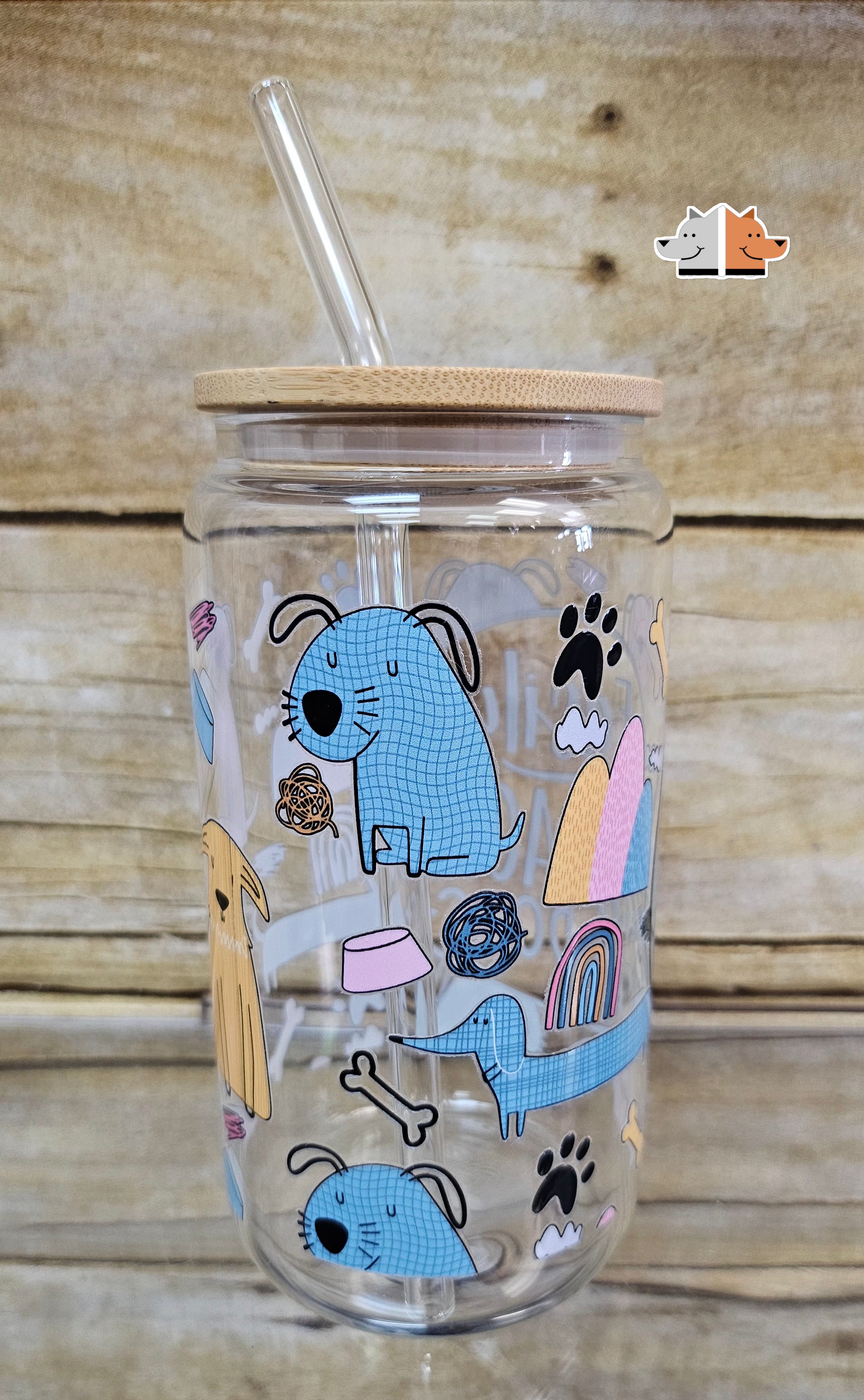'Easily Distracted by Dogs' Glass Can with Bamboo Lid & Glass Straw 16 oz