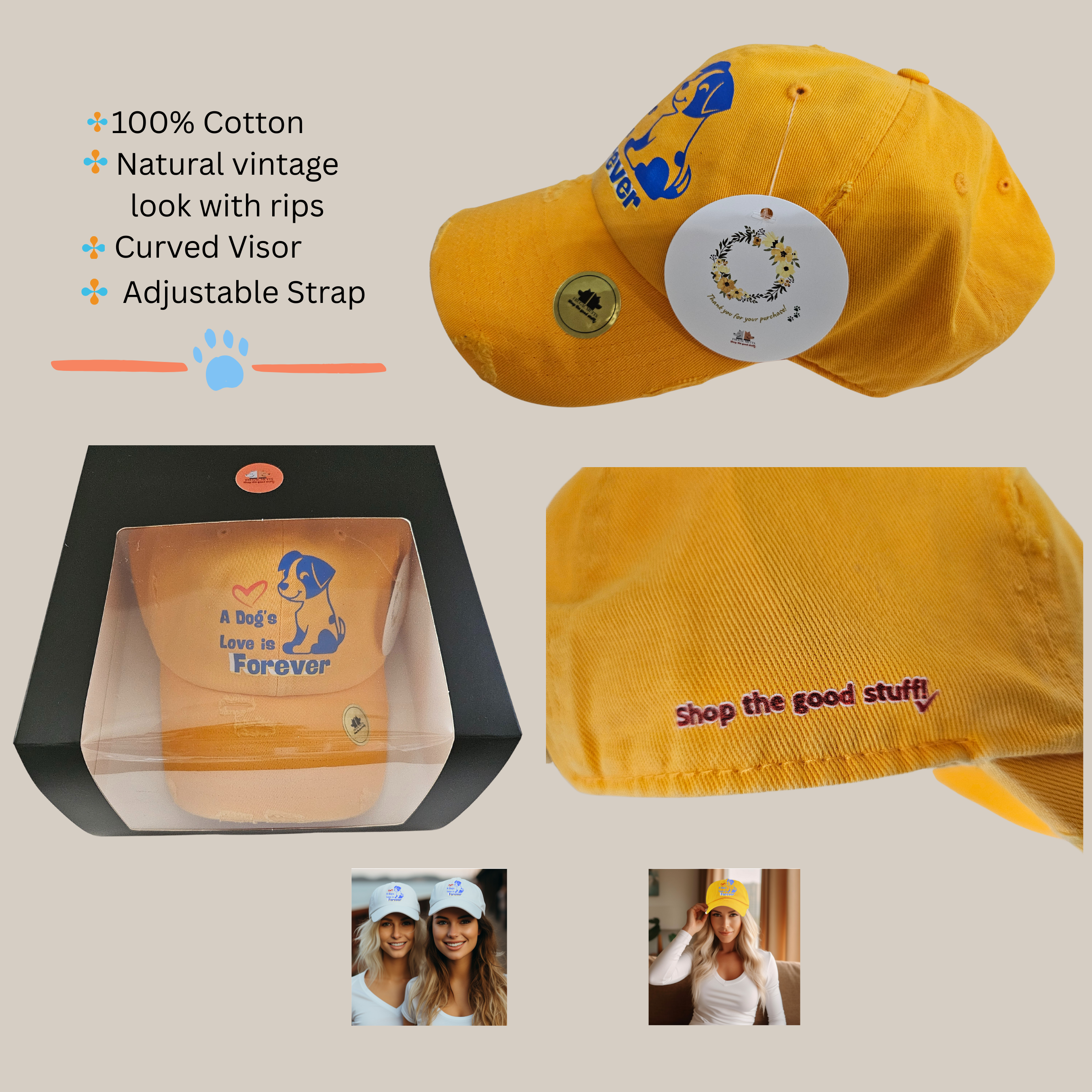 Vintage Style Baseball Cap For Women 'A Dog's Love is Forever'