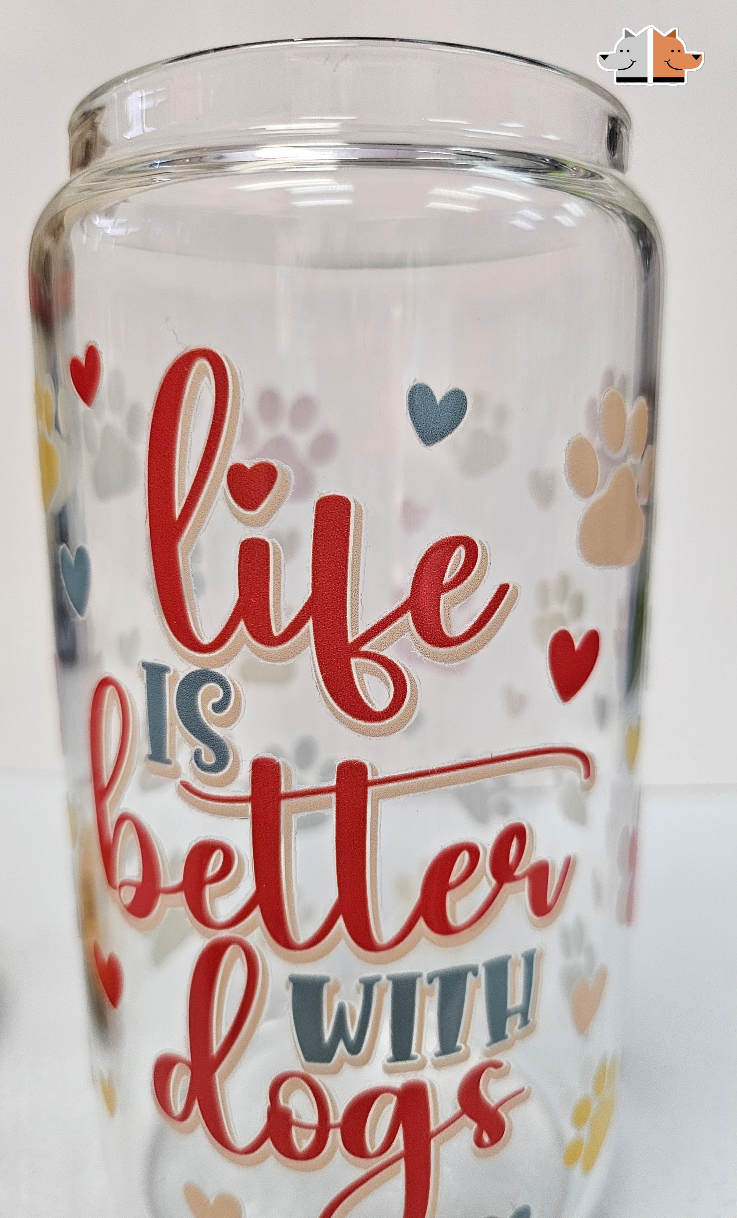 'Life is Better with Dogs' Glass Can with Bamboo Lid & Glass Straw 16 oz