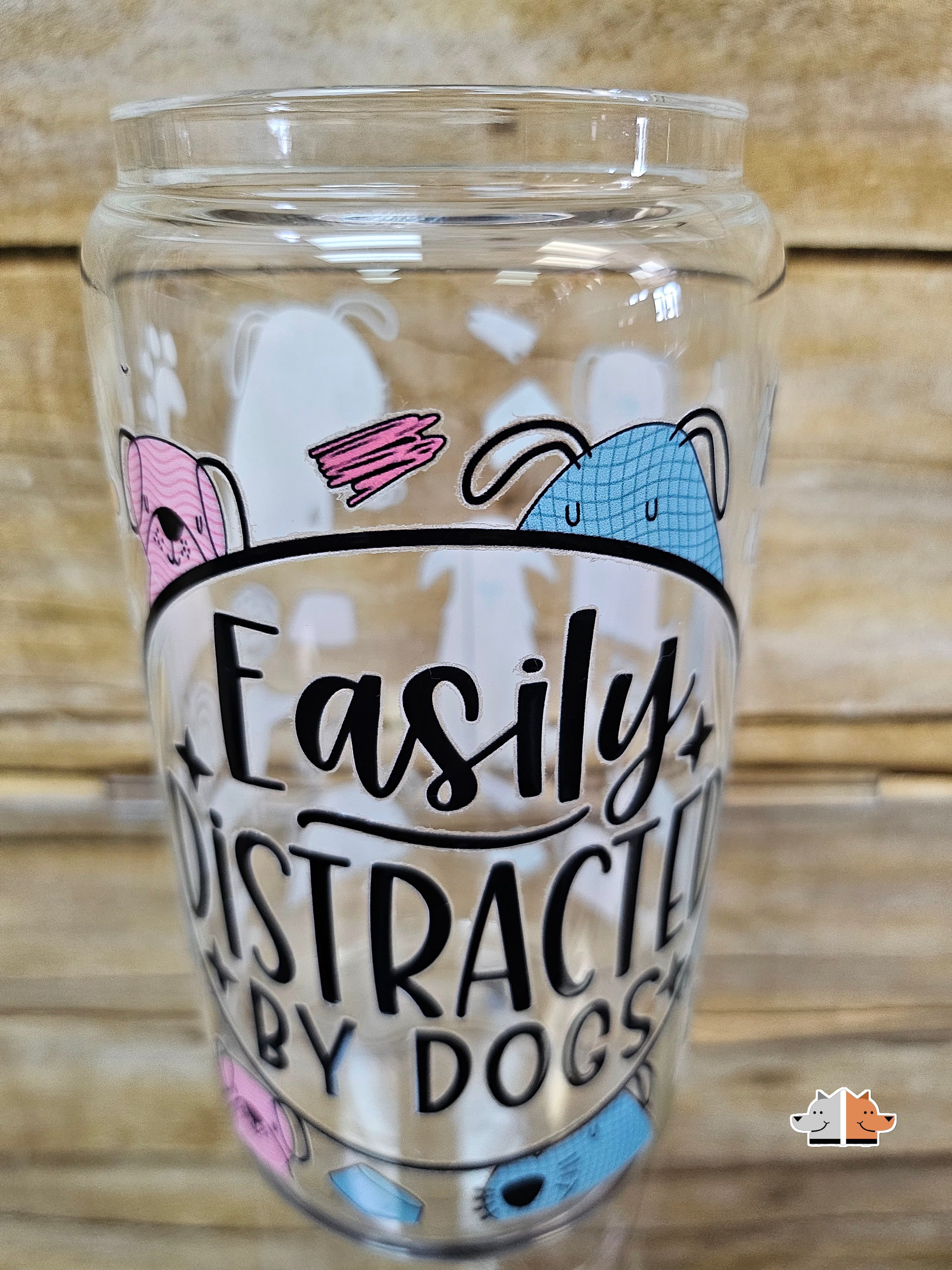 'Easily Distracted by Dogs' Glass Can with Bamboo Lid & Glass Straw 16 oz