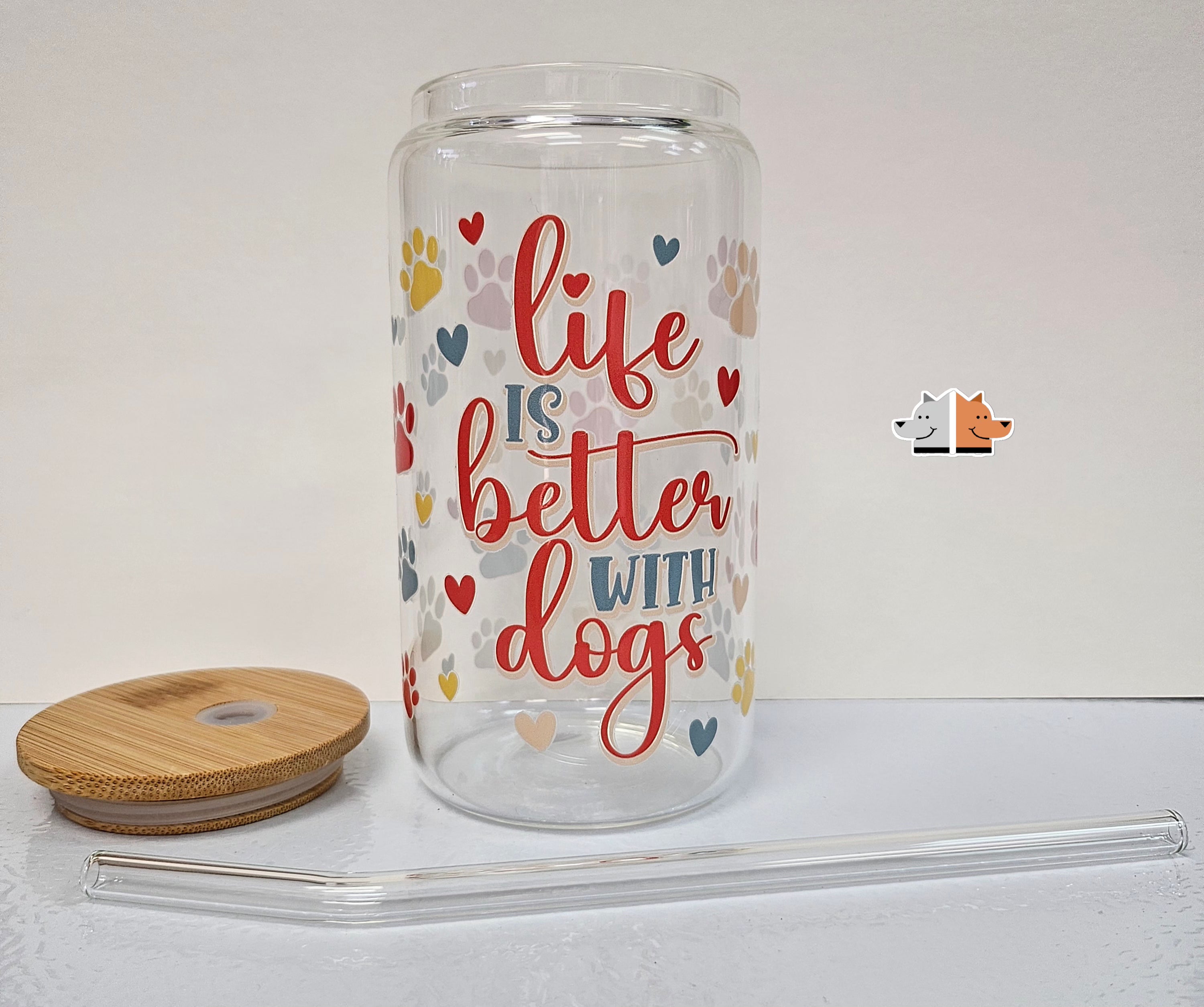 'Life is Better with Dogs' Glass Can with Bamboo Lid & Glass Straw 16 oz