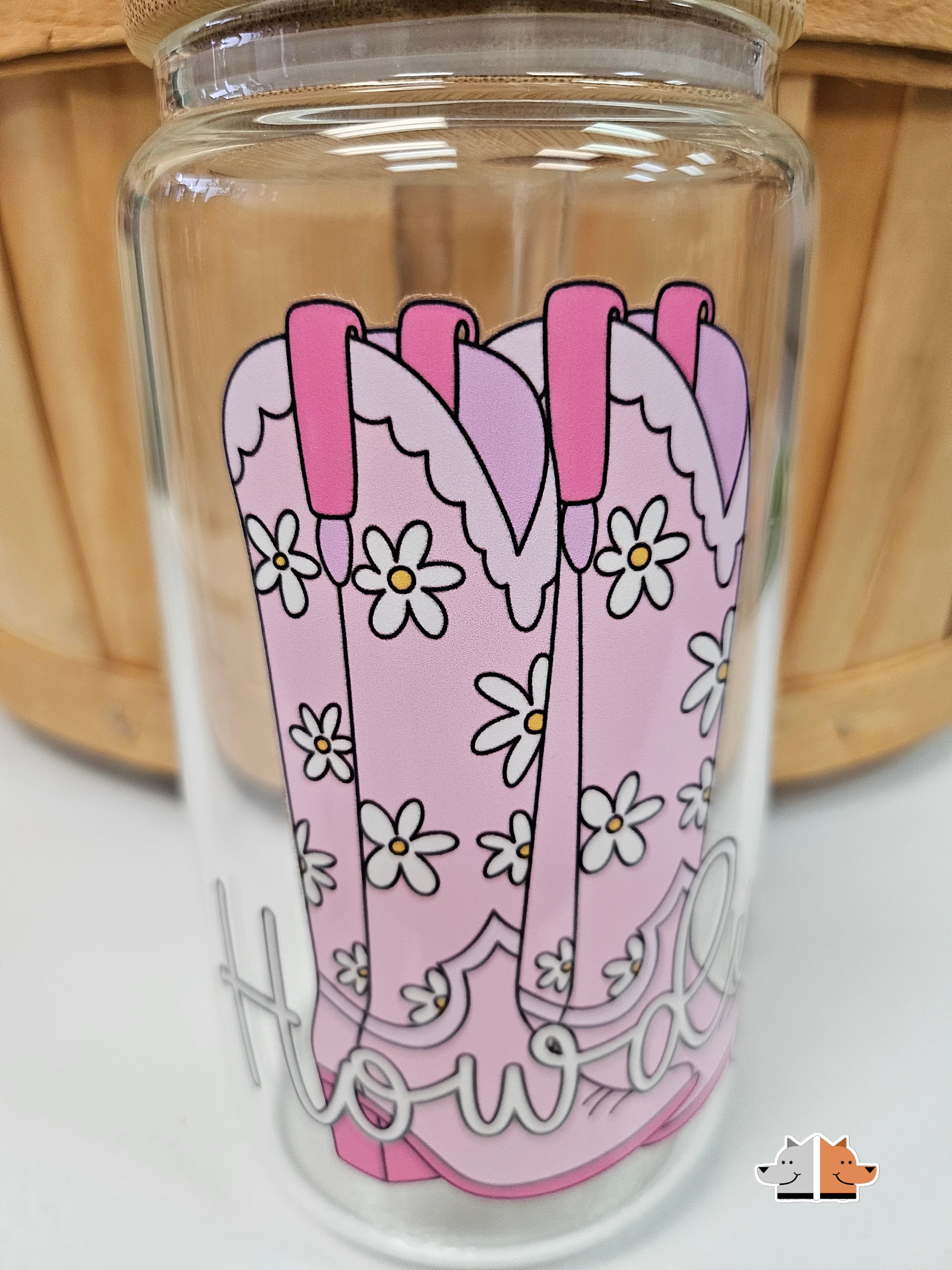 'Howdy' Glass Can with Bamboo Lid & Glass Straw 16 oz