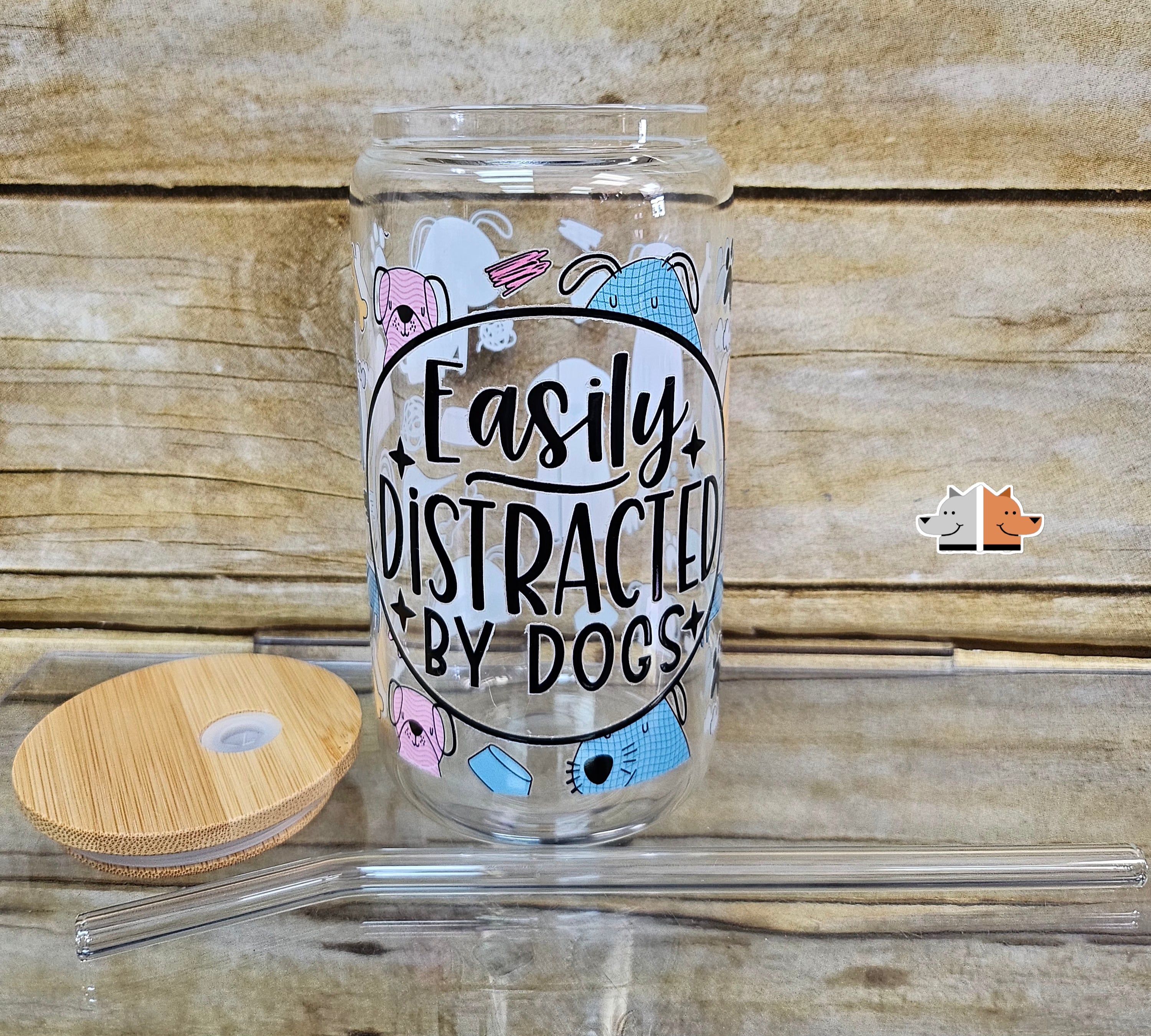 'Easily Distracted by Dogs' Glass Can with Bamboo Lid & Glass Straw 16 oz