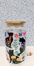 Silhouette Cats Glass Can with Bamboo Lid & Glass Straw 16 oz