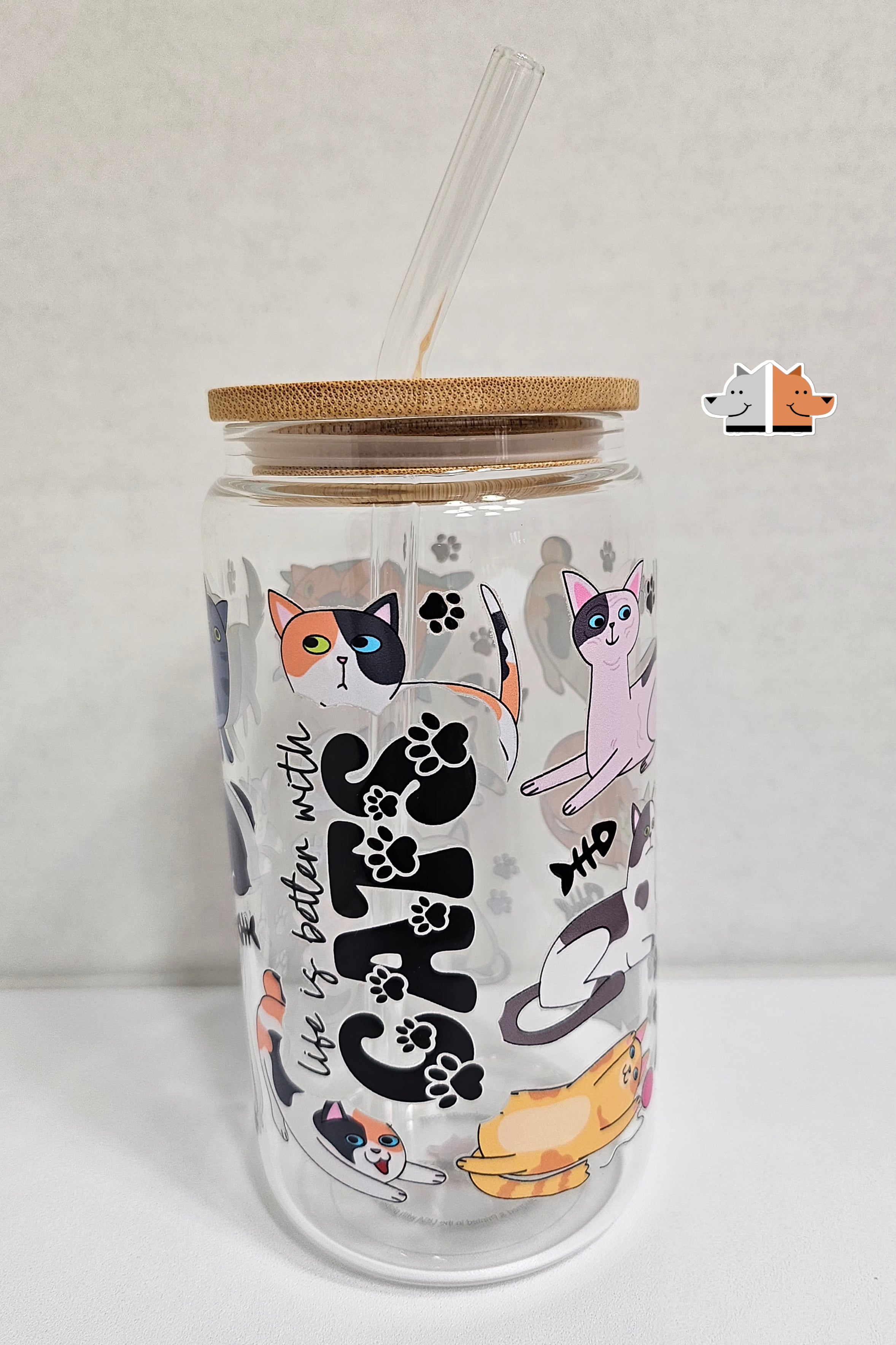 'Life is Better with Cats' Glass Cup with Bamboo Lid & Glass Straw 16 oz