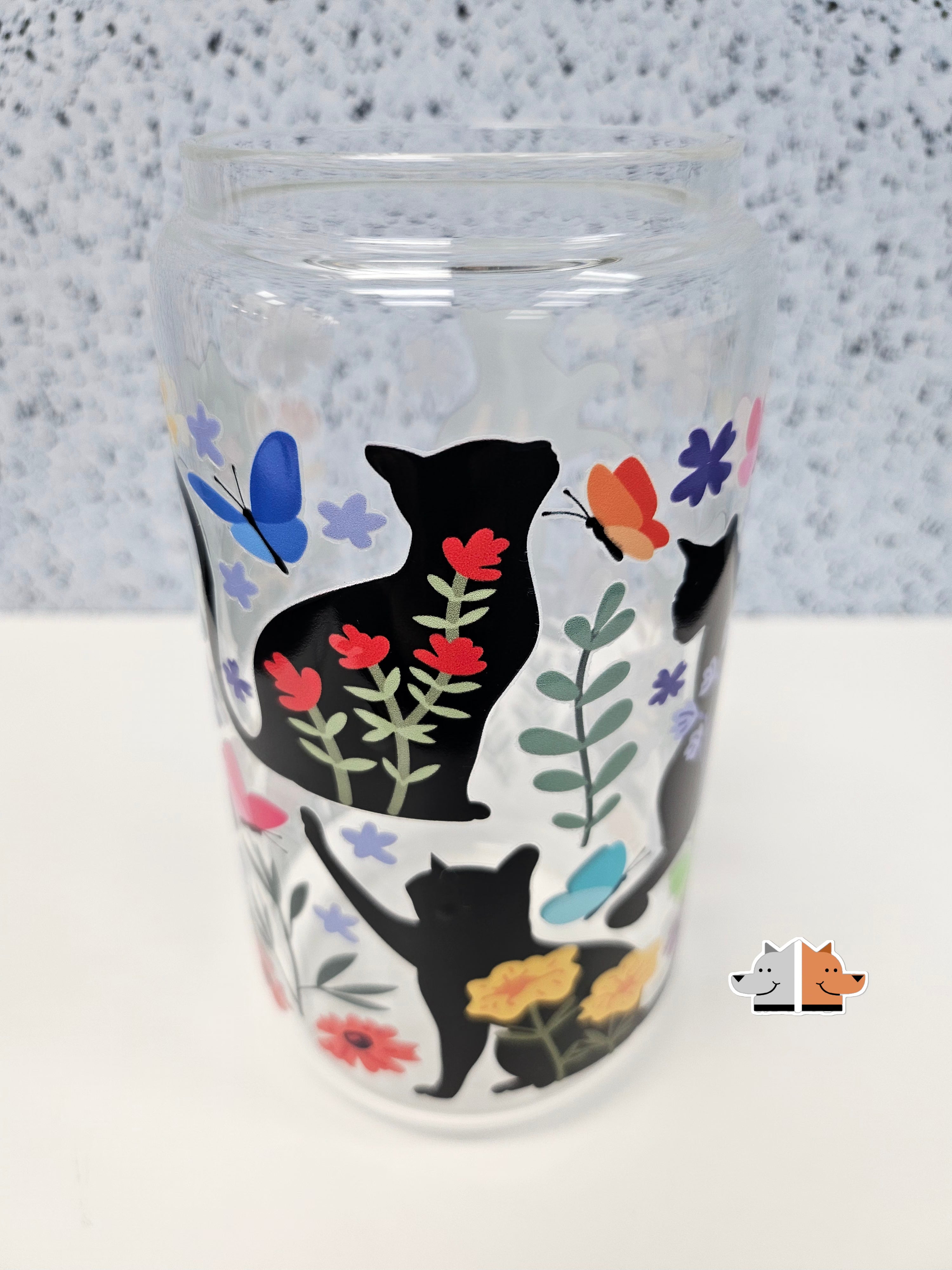 Silhouette Cats Glass Can with Bamboo Lid & Glass Straw 16 oz