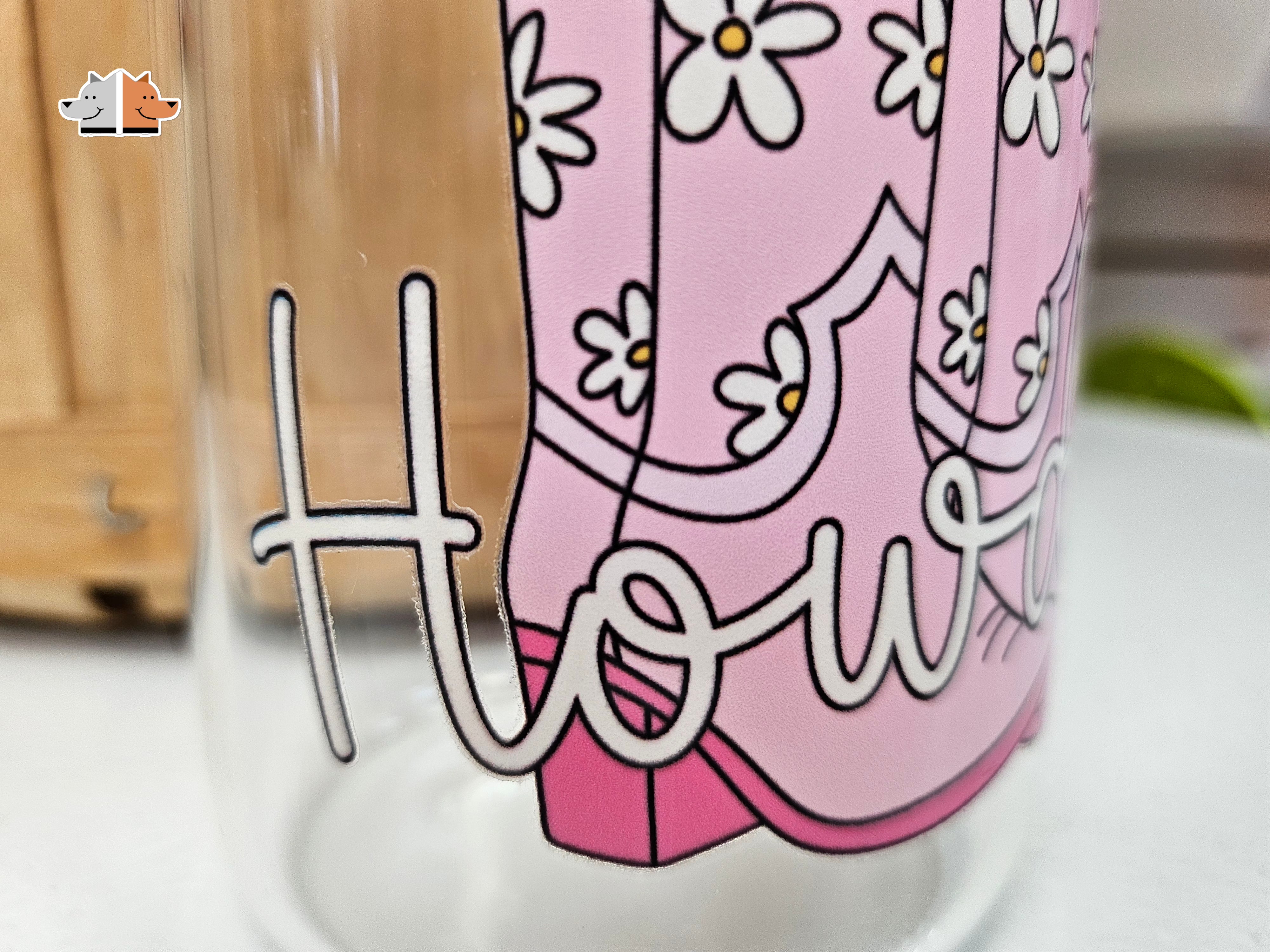 'Howdy' Glass Can with Bamboo Lid & Glass Straw 16 oz