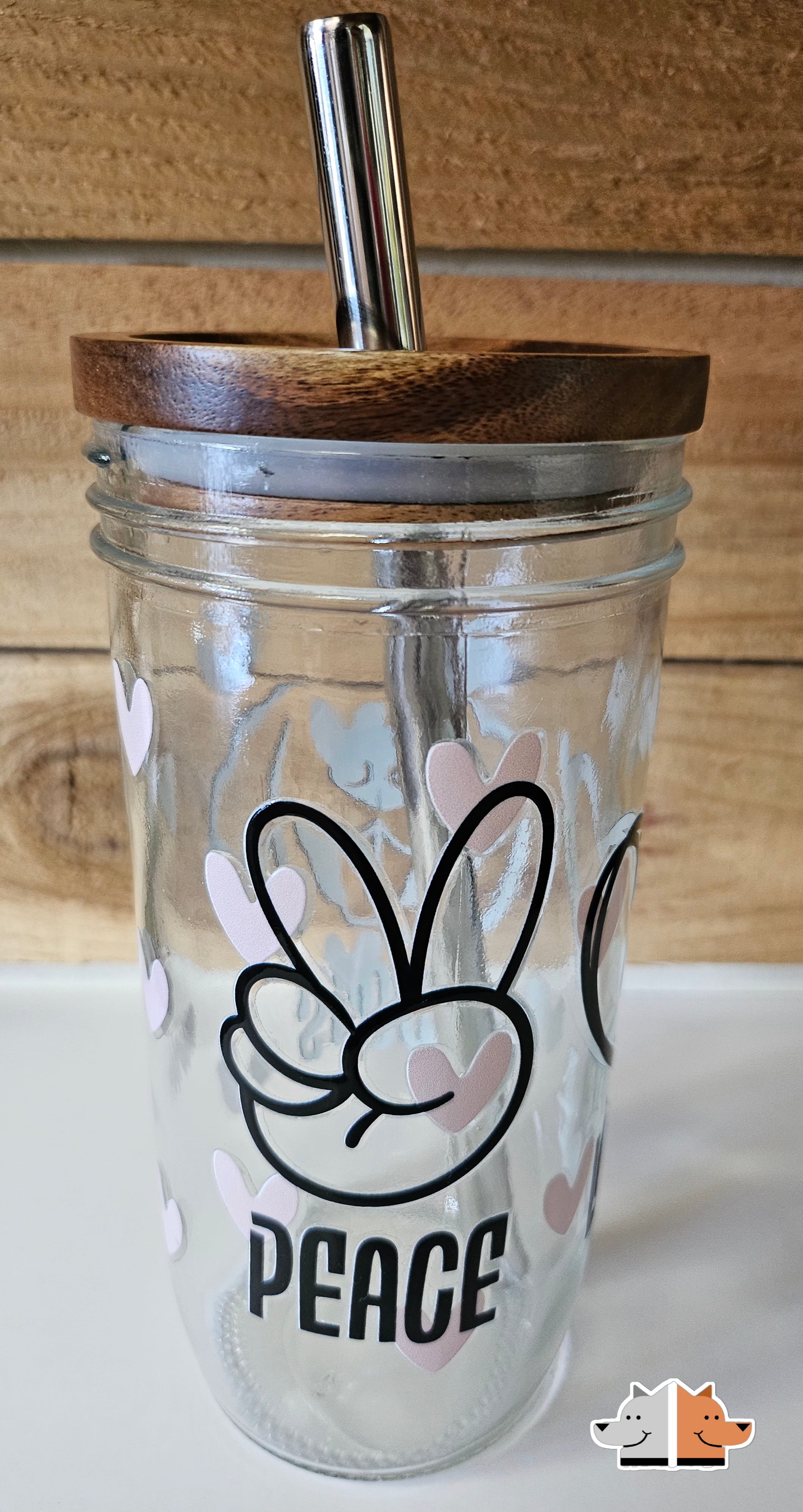 'Peace Love Dogs' Mason Jar Style Glass with Acacia Lid & Boba Style Straw 22 oz