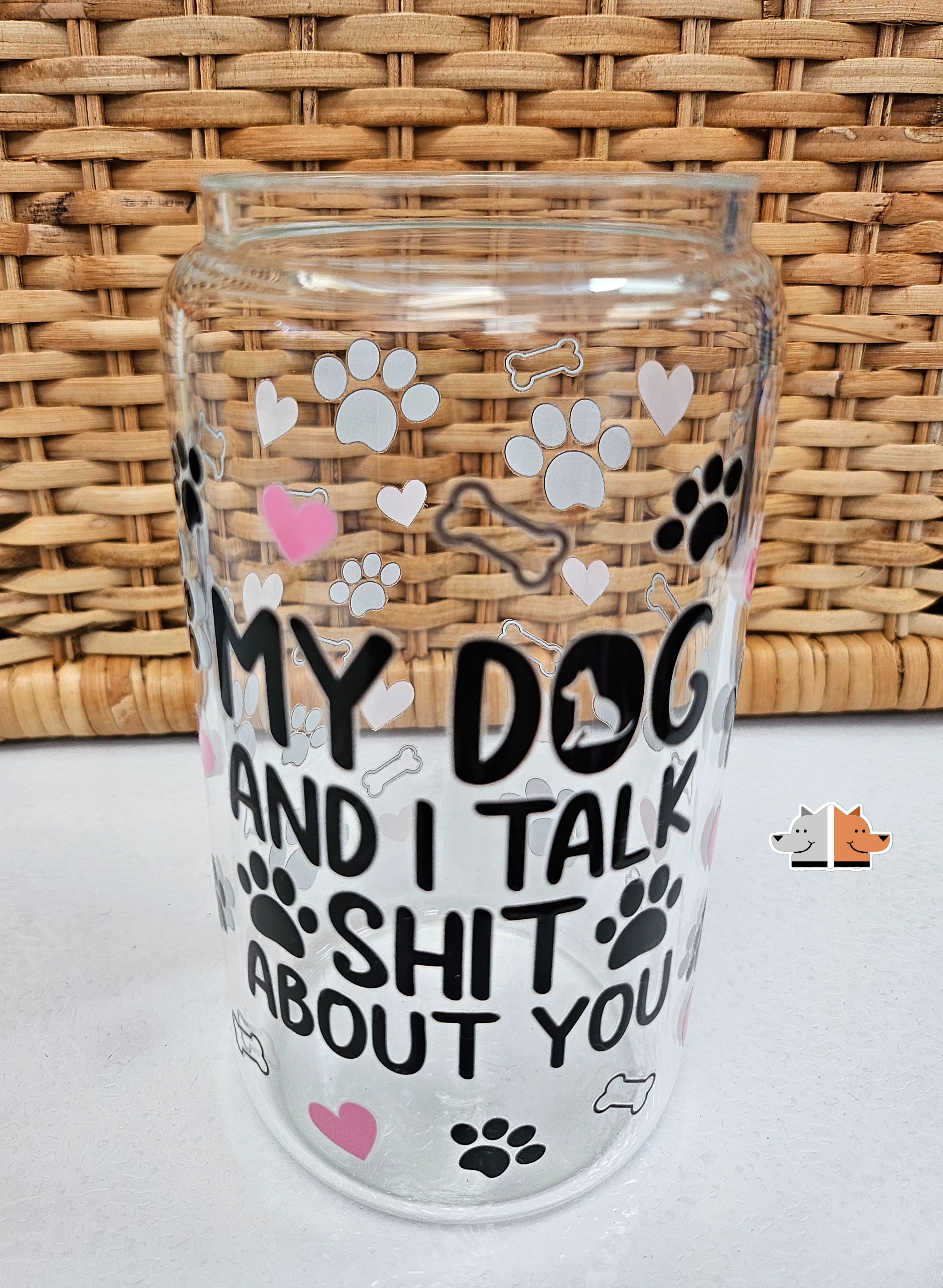 'My Dog and I Talk' Glass Can with Bamboo Lid & Glass Straw 16 oz