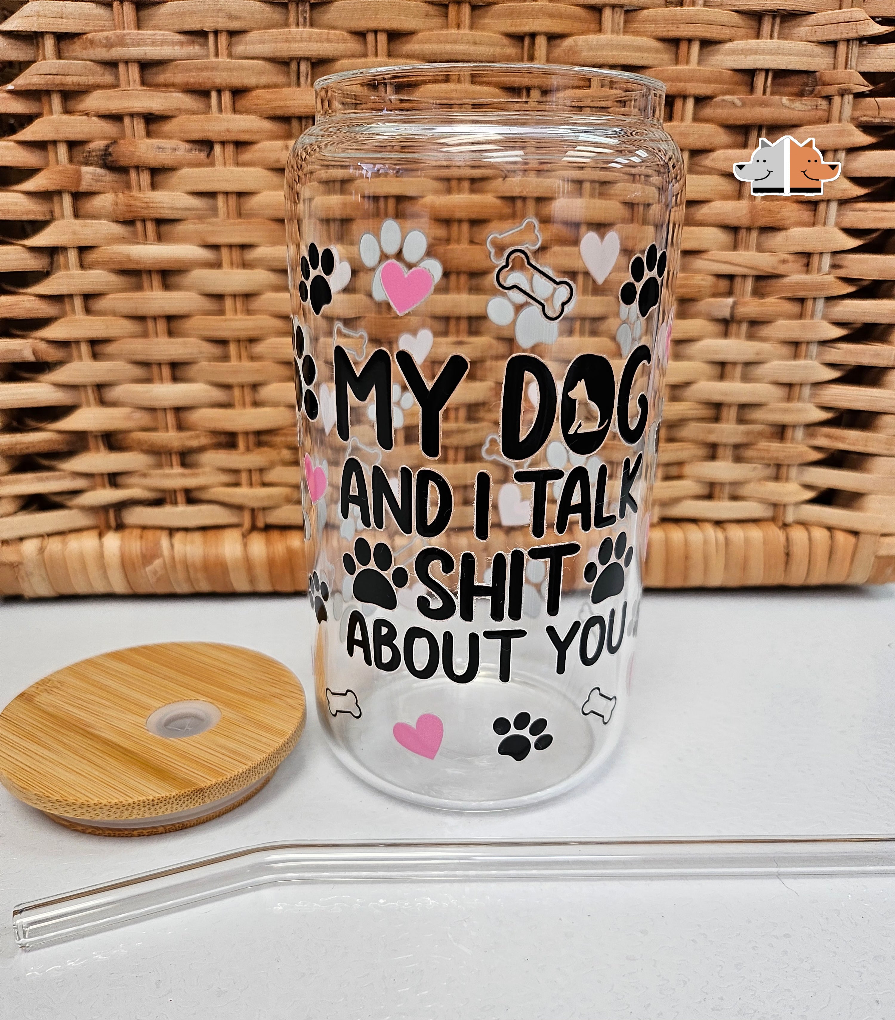 'My Dog and I Talk' Glass Can with Bamboo Lid & Glass Straw 16 oz