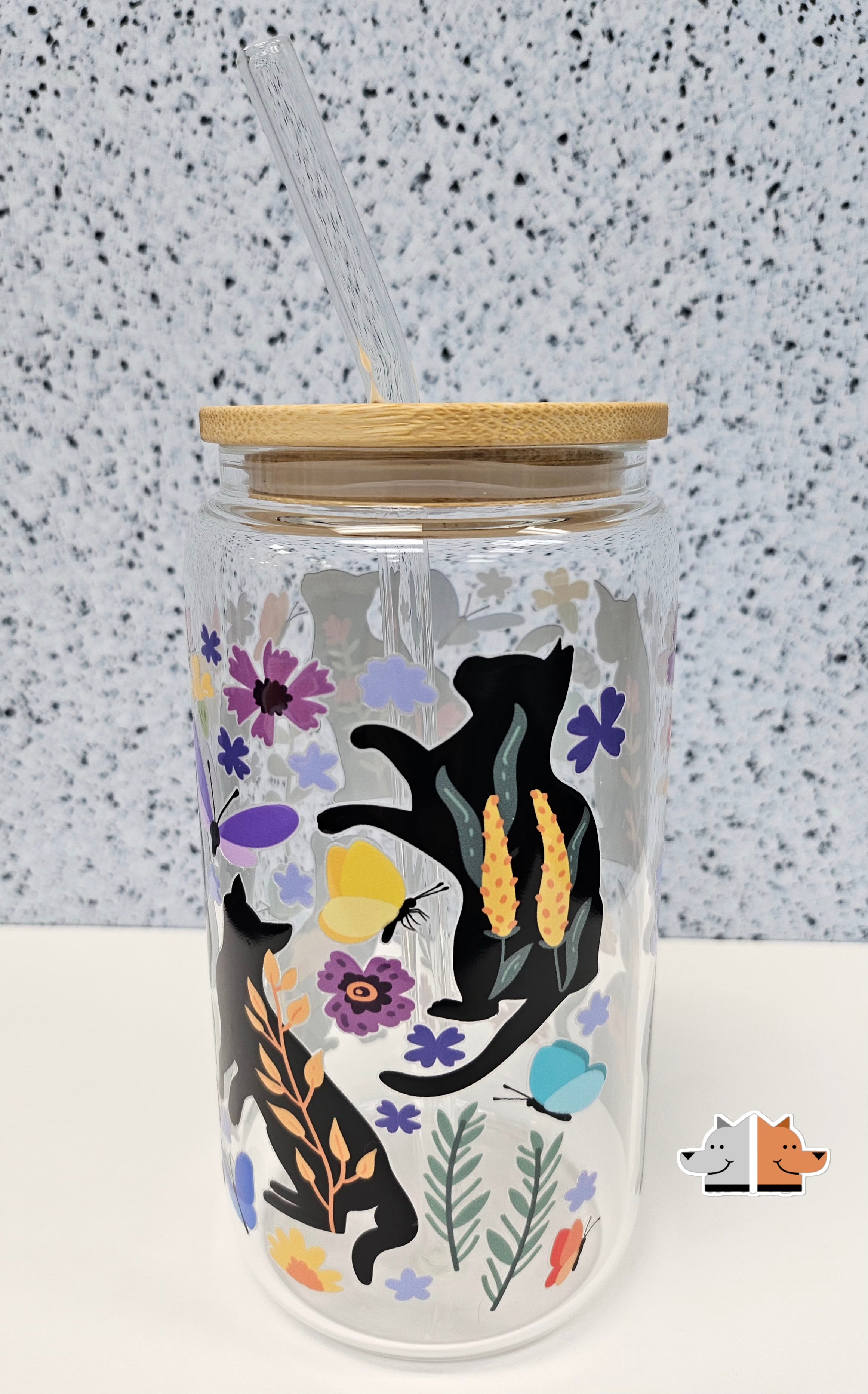 Silhouette Cats Glass Can with Bamboo Lid & Glass Straw 16 oz