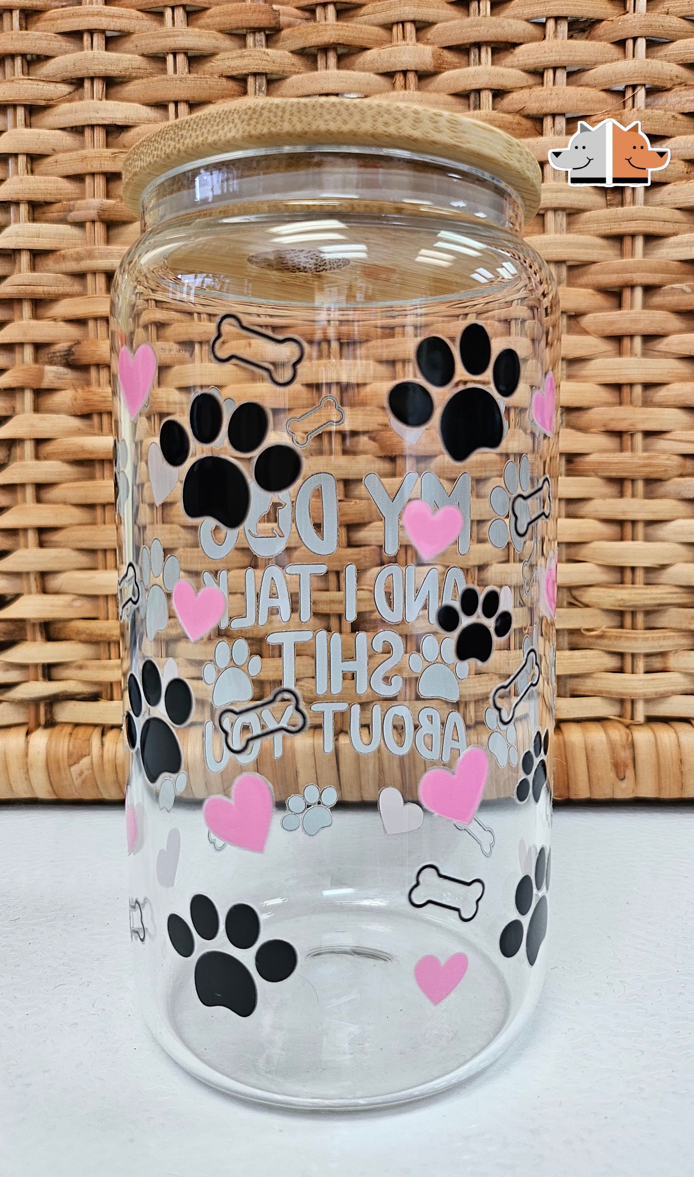 'My Dog and I Talk' Glass Can with Bamboo Lid & Glass Straw 16 oz