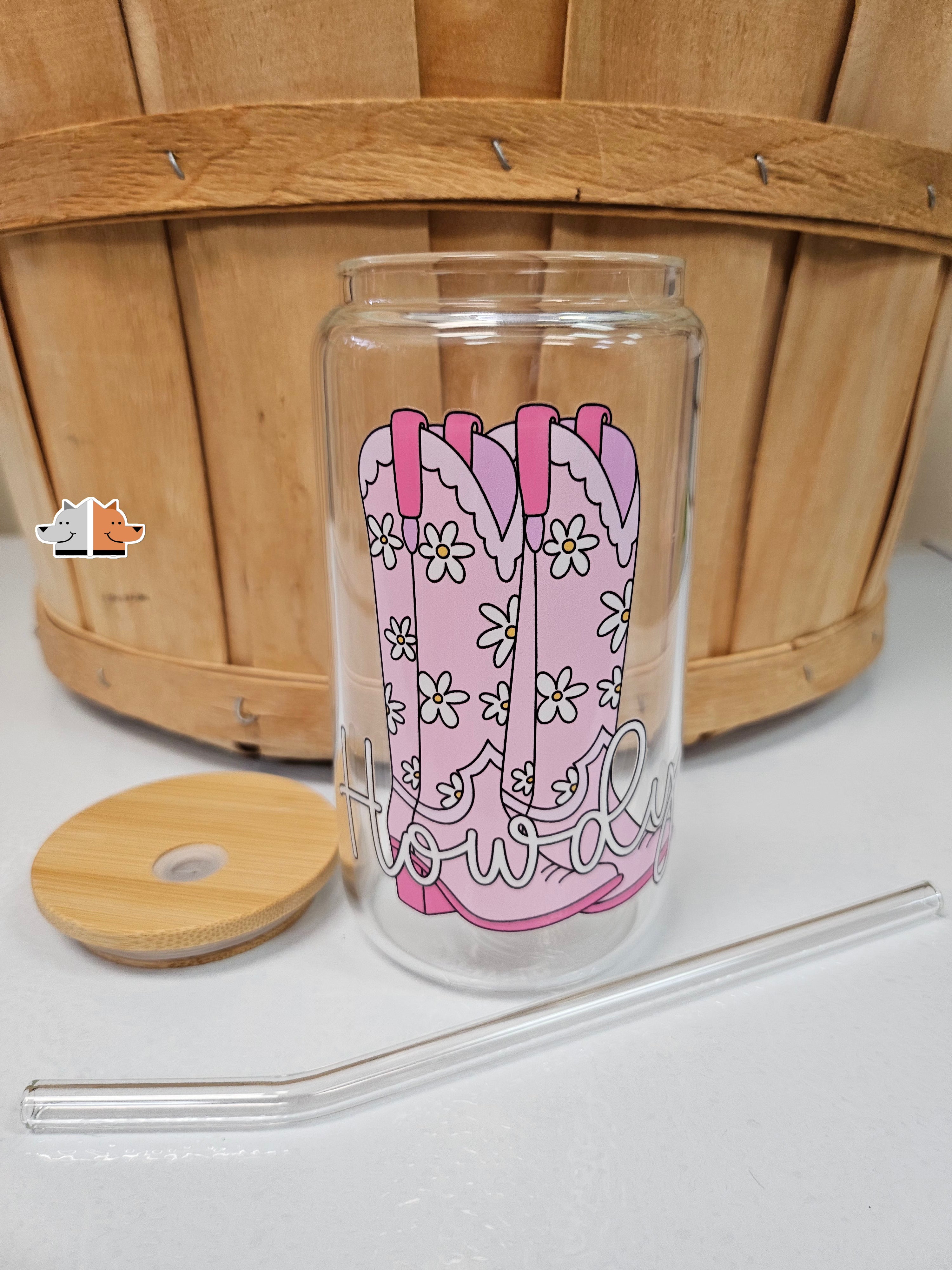 'Howdy' Glass Can with Bamboo Lid & Glass Straw 16 oz