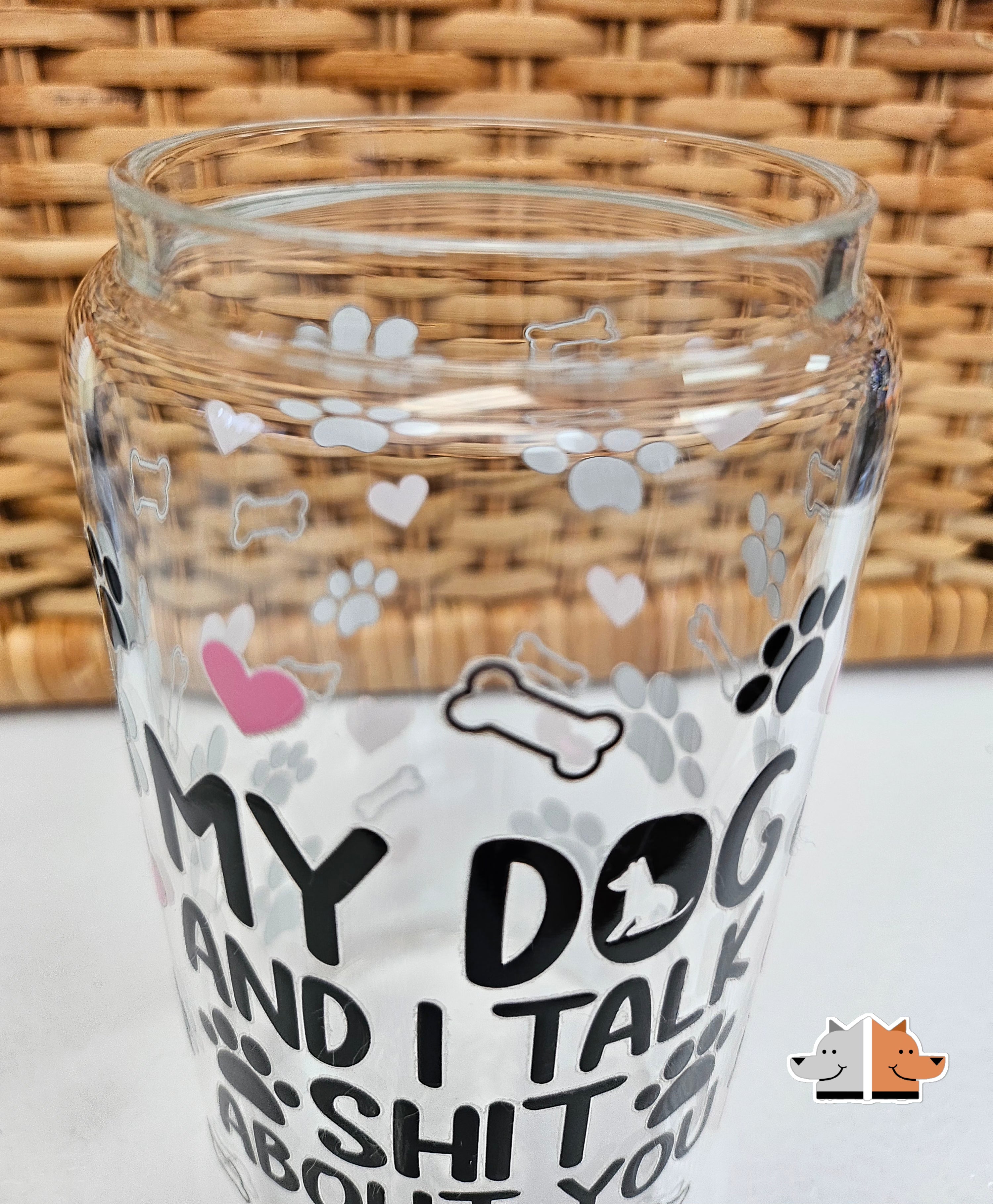 'My Dog and I Talk' Glass Can with Bamboo Lid & Glass Straw 16 oz