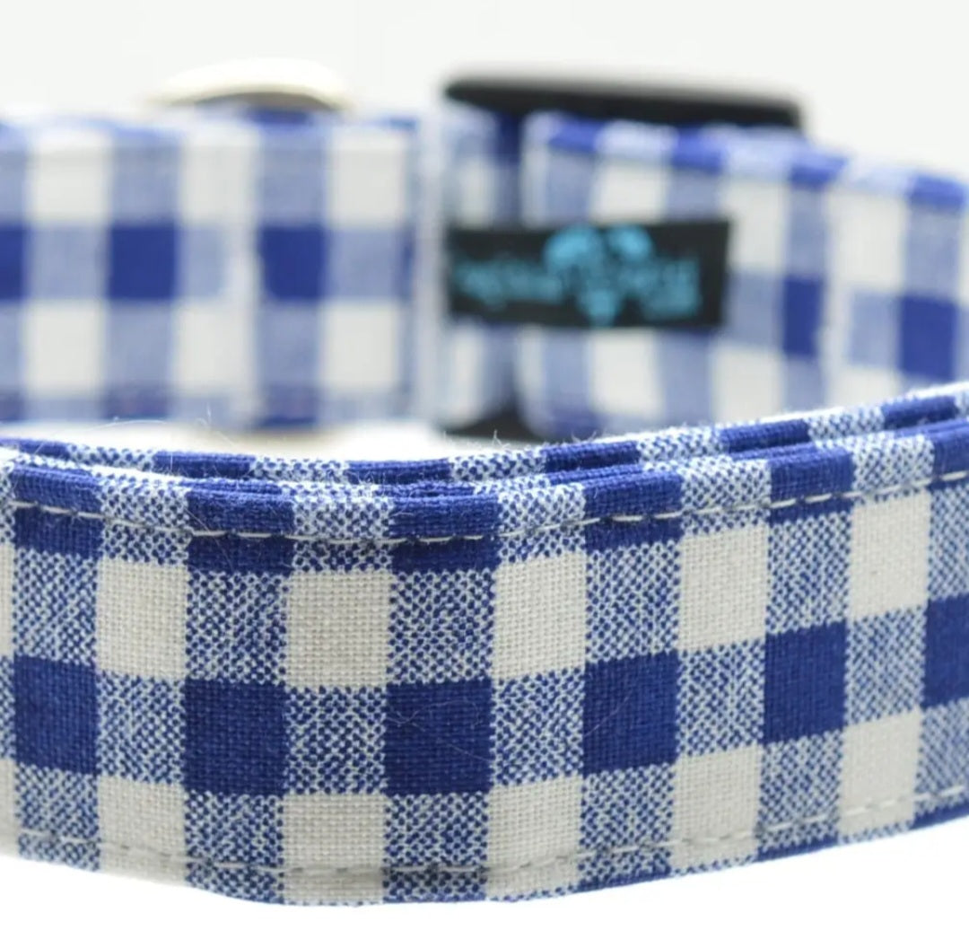 Blue Gingham Dog Collar Small