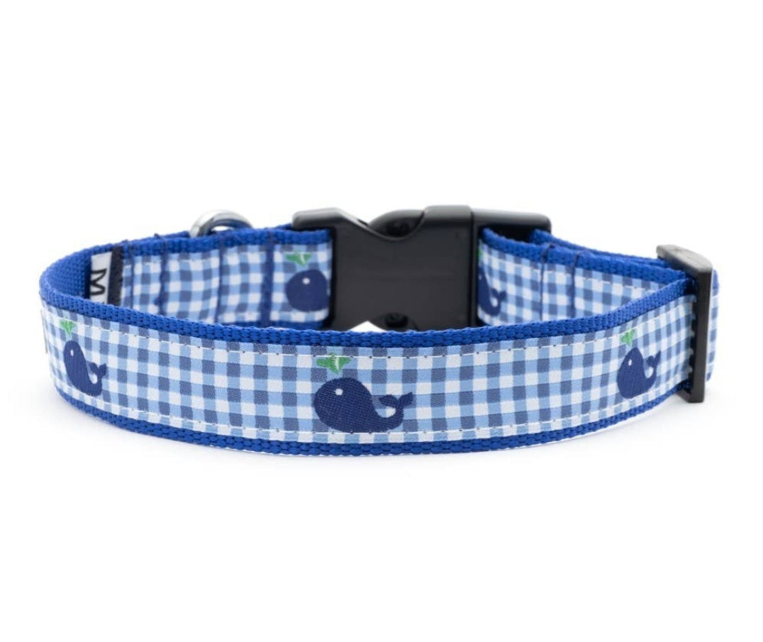 The Worth Dog Blue Gingham Whales Dog Collar