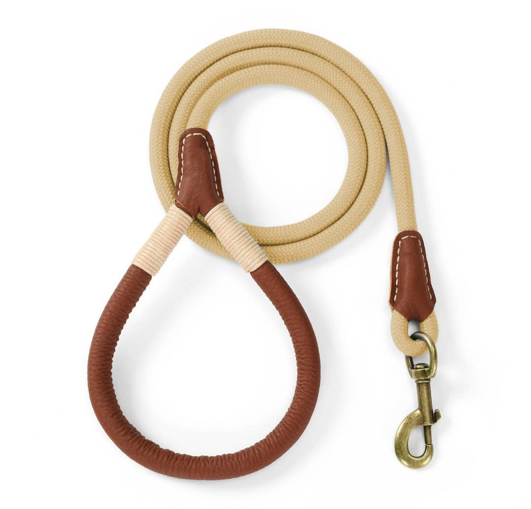 Mile High Life Premium Leather Handle Rope Dog Leash |Tan