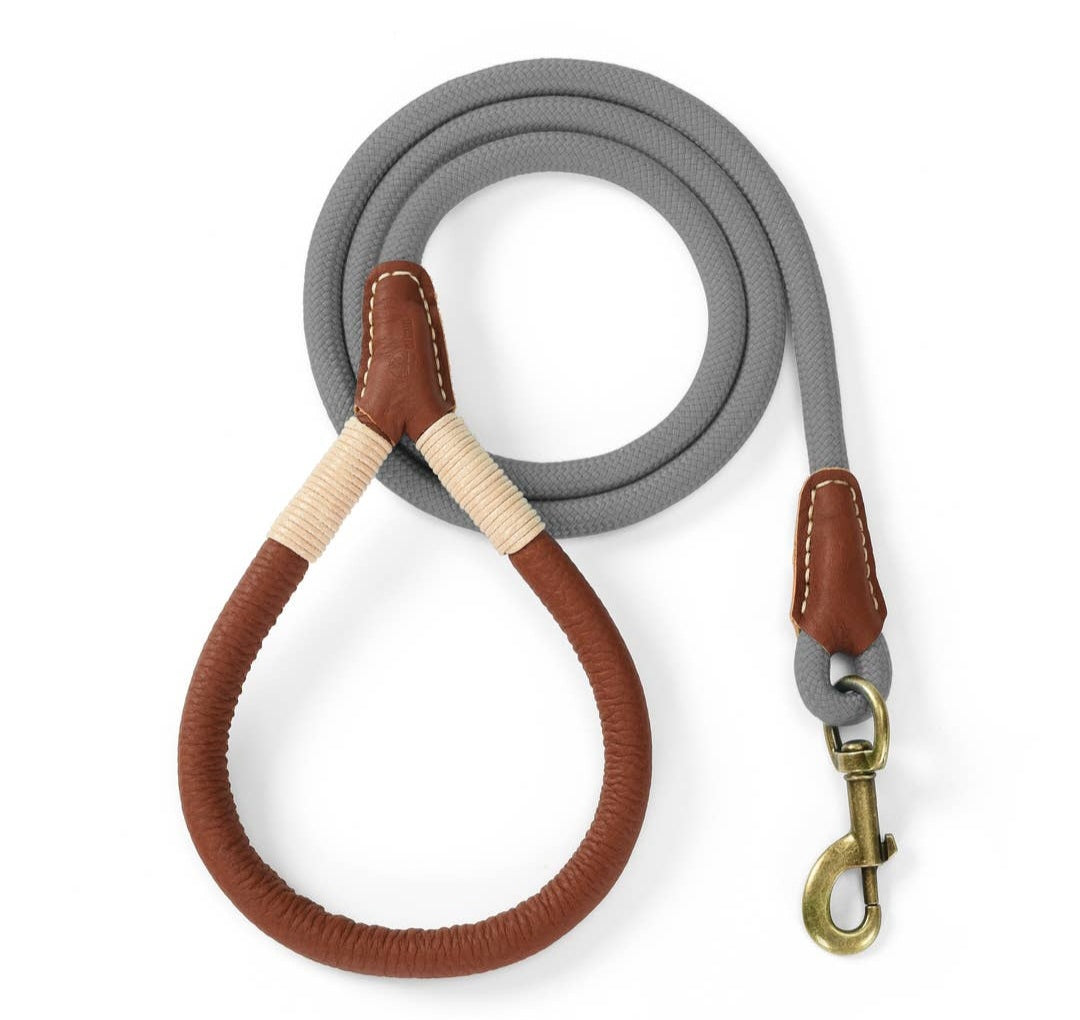 Mile High Life Premium Leather Handle Rope Dog Leash | Grey