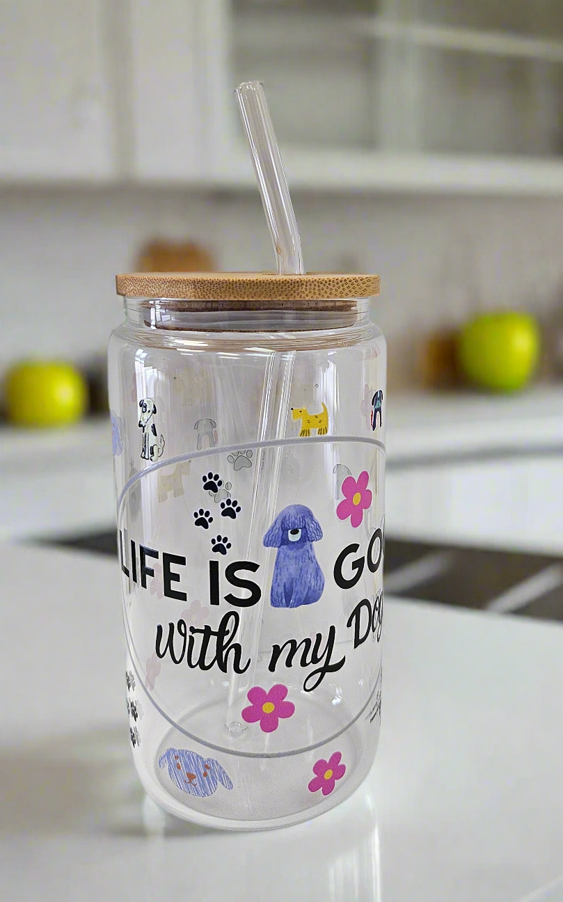 'Life is Good with My Dog' Glass Can with Bamboo Lid & Glass Straw 16 oz