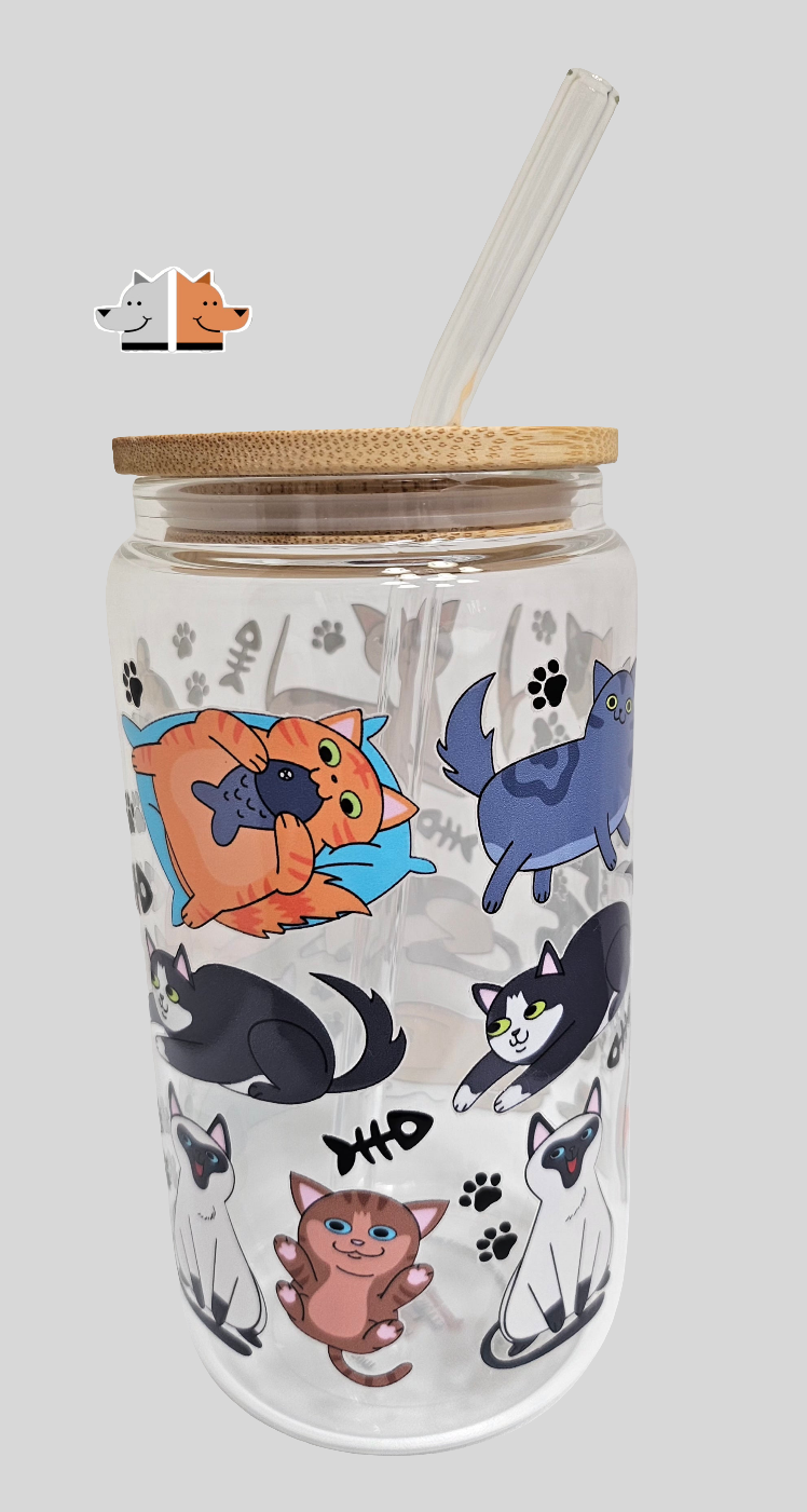 Frugal Mutts 'Life is Better with Cats' Glass Cup with Bamboo Lid & Glass Straw 16 oz