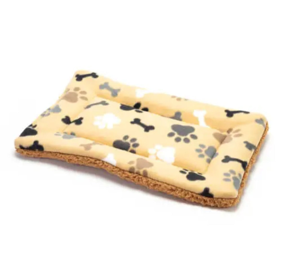 Mutts & Mittens Flat Bed for Dogs | Tan Bones & Paws Plush Fleece | 16x23