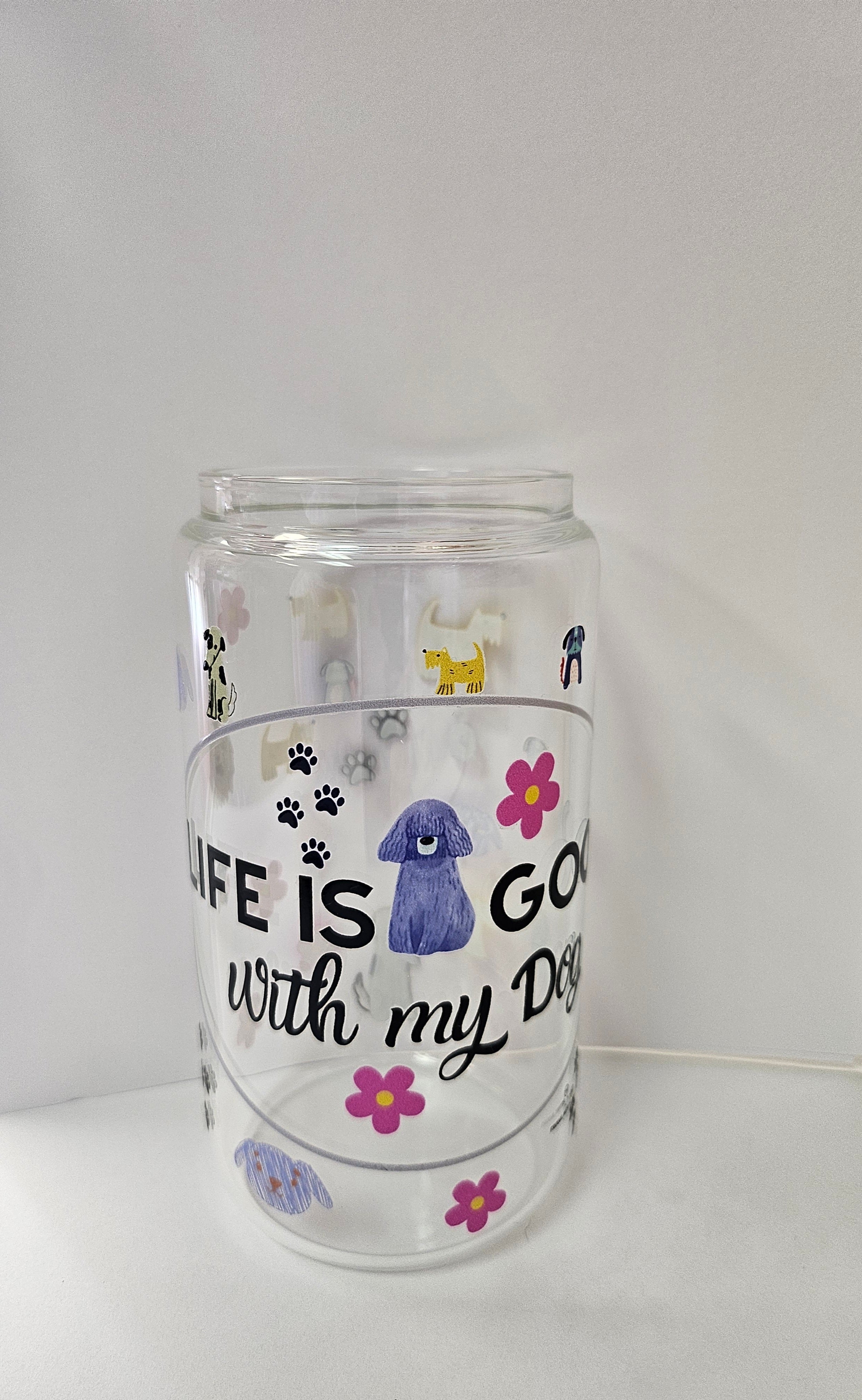 'Life is Good with My Dog' Glass Can with Bamboo Lid & Glass Straw 16 oz