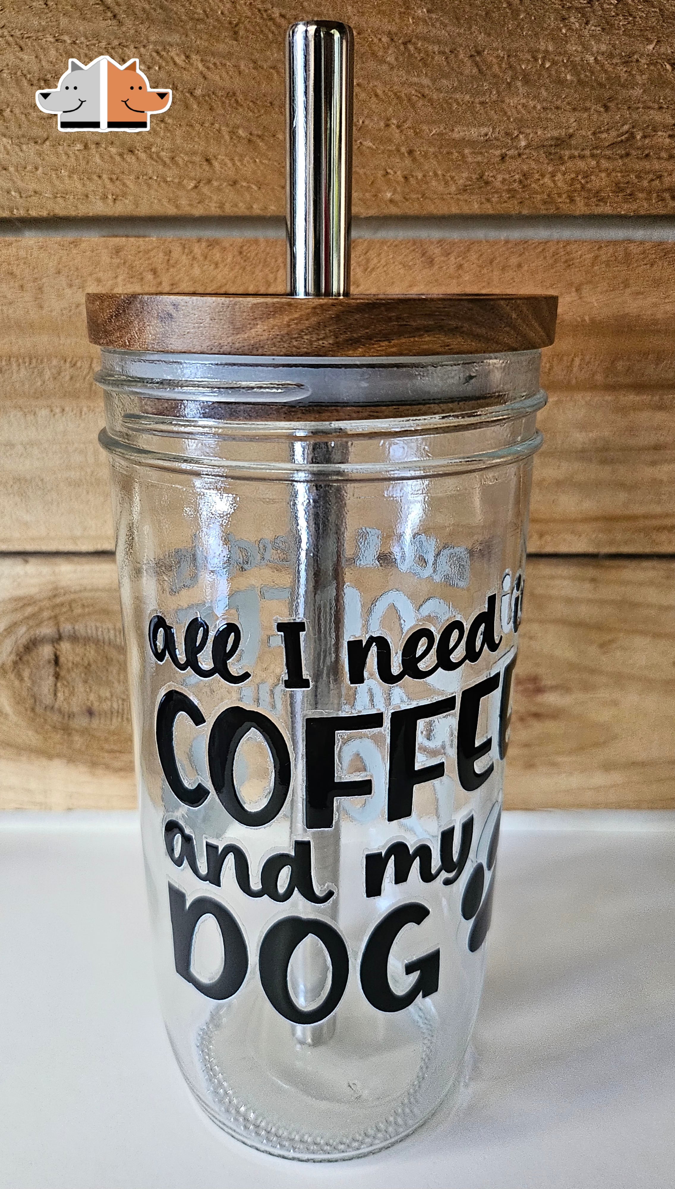 Frugal Mutts 'All I Need is Coffee and My Dog' Mason Jar Style Glass with Acacia Lid & Boba Style Straw 22 oz