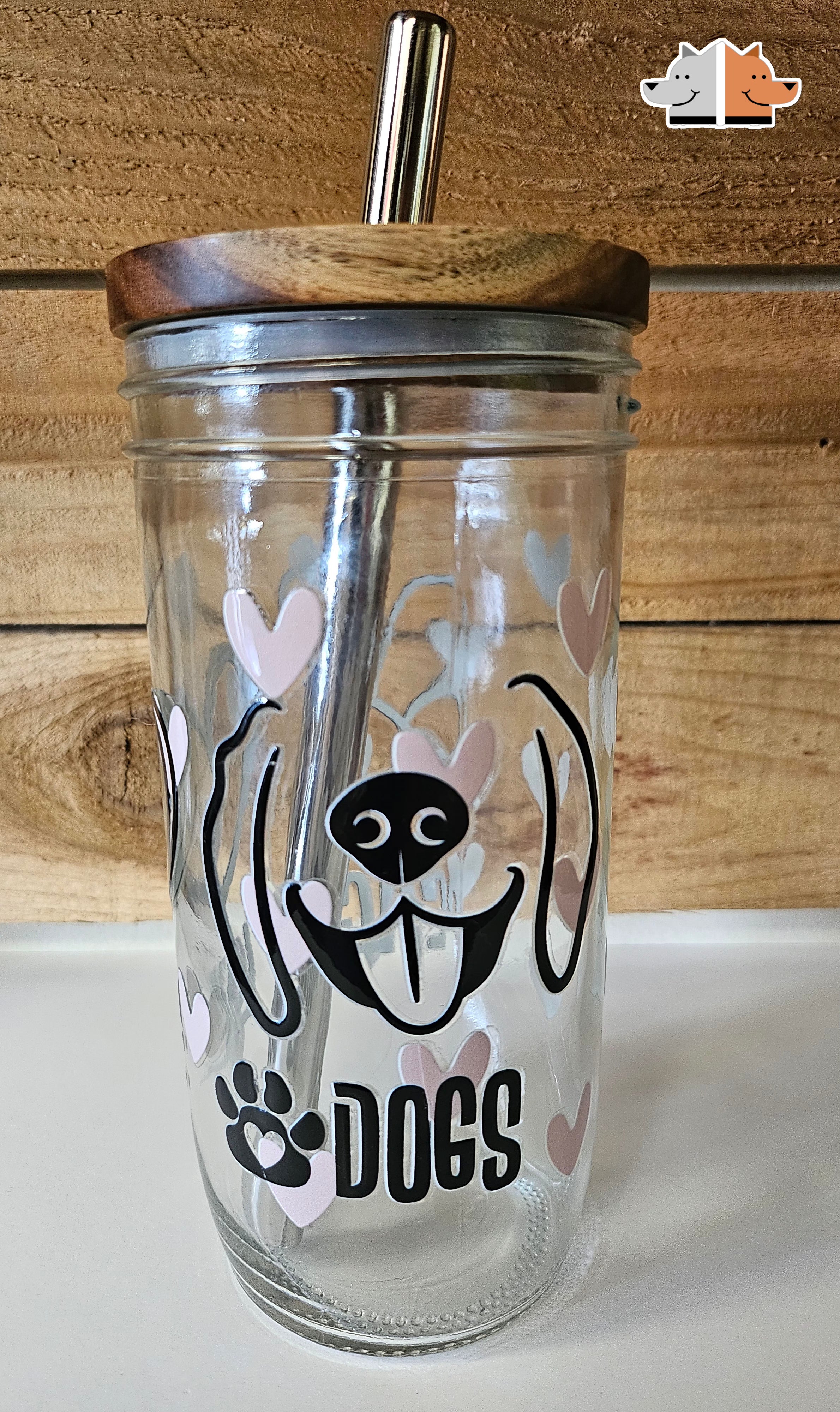 Frugal Mutts 'Peace Love Dogs' Mason Jar Style Glass with Acacia Lid & Boba Style Straw 22 oz