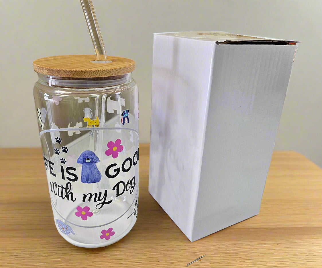 'Life is Good with My Dog' Glass Can with Bamboo Lid & Glass Straw 16 oz