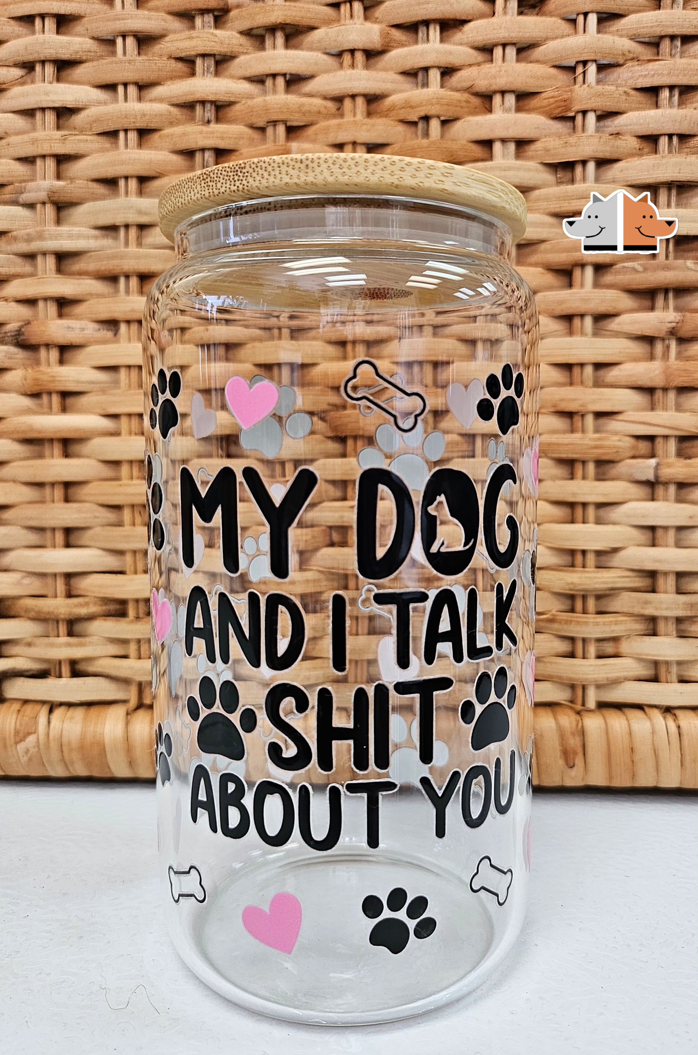 Frugal Mutts 'My Dog and I Talk' Glass Can with Bamboo Lid & Glass Straw 16 oz