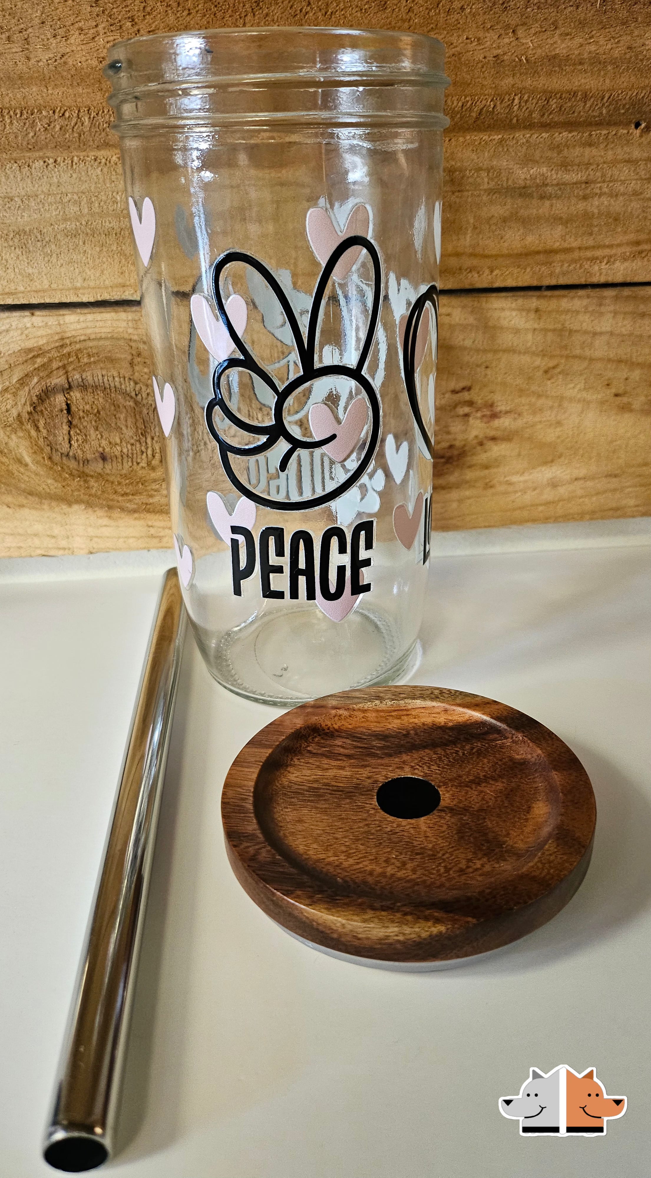 Frugal Mutts 'Peace Love Dogs' Mason Jar Style Glass with Acacia Lid & Boba Style Straw 22 oz