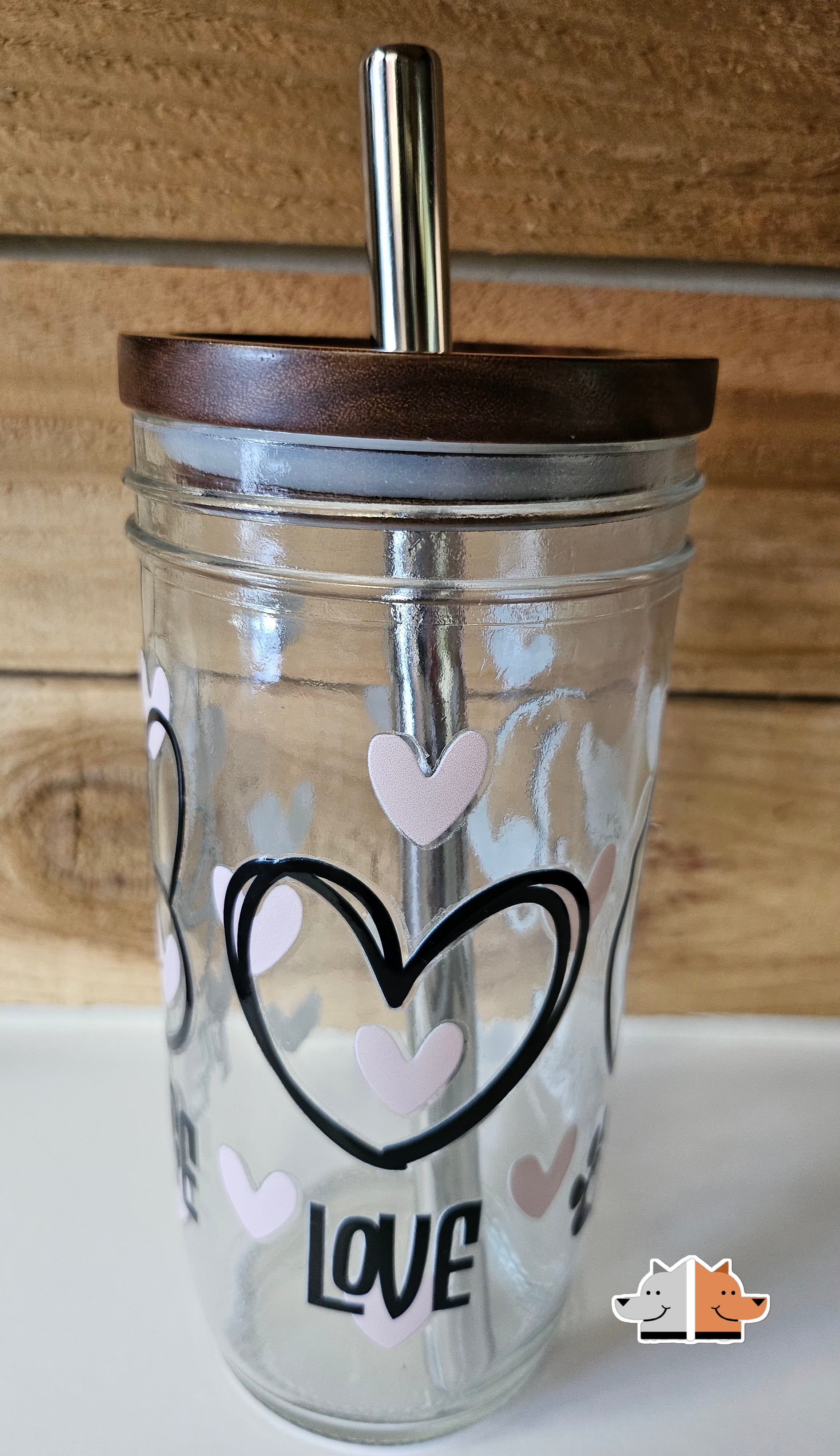 Frugal Mutts 'Peace Love Dogs' Mason Jar Style Glass with Acacia Lid & Boba Style Straw 22 oz