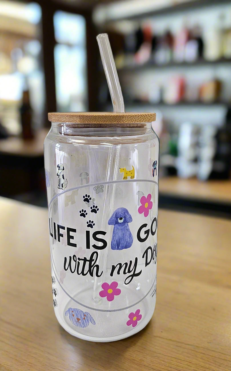 'Life is Good with My Dog' Glass Can with Bamboo Lid & Glass Straw 16 oz