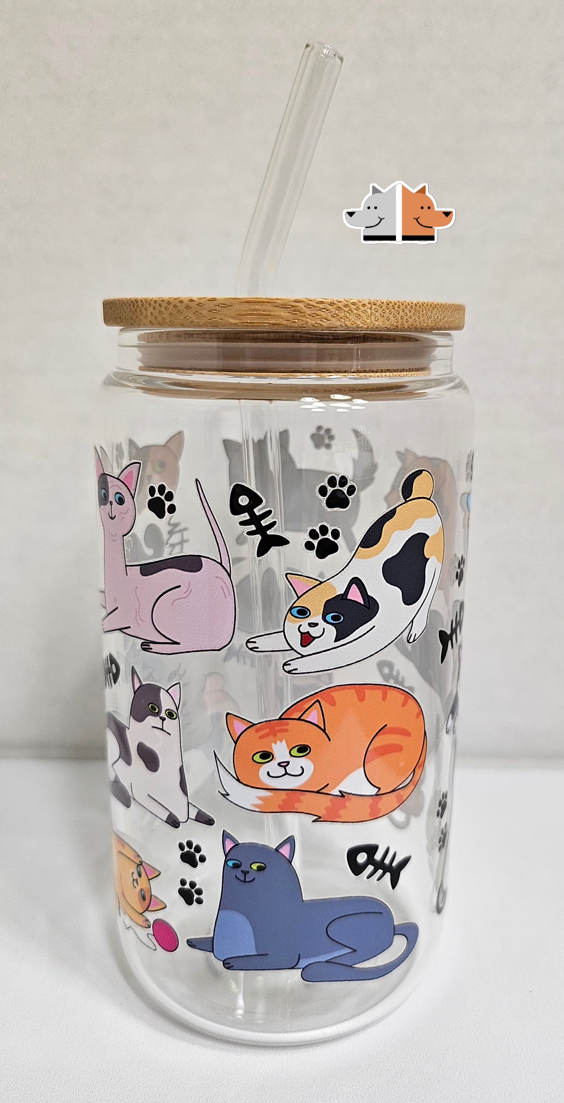 Frugal Mutts 'Life is Better with Cats' Glass Cup with Bamboo Lid & Glass Straw 16 oz